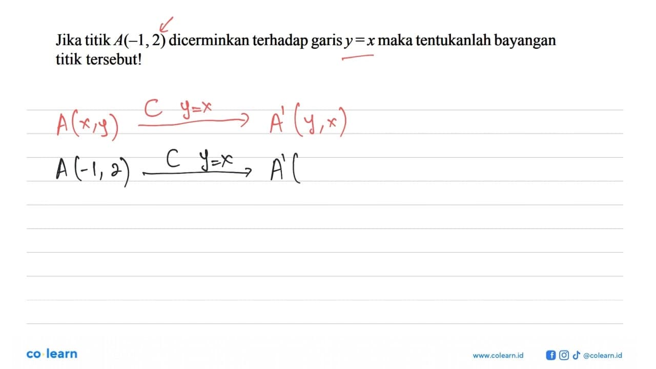 Jika titik A(-1, 2) dicerminkan terhadap garis y=x maka