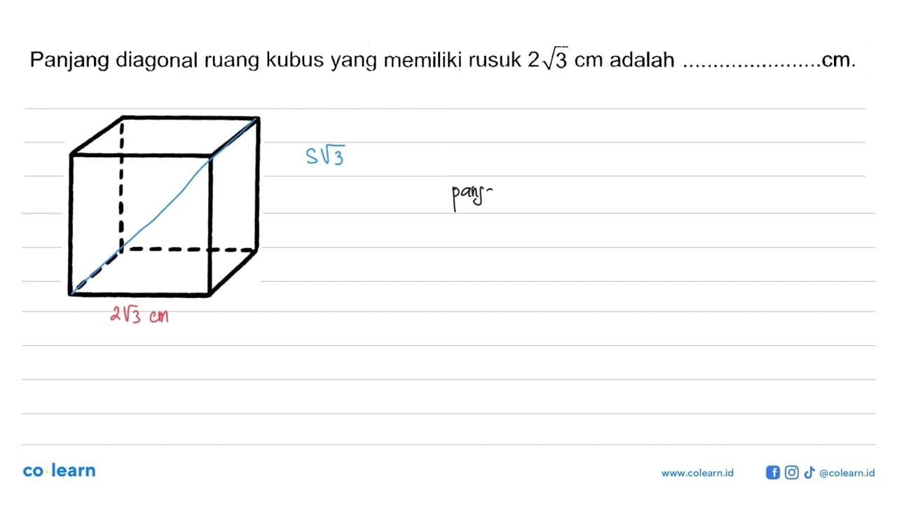 Panjang diagonal ruang kubus yang memiliki rusuk 2 akar(3)