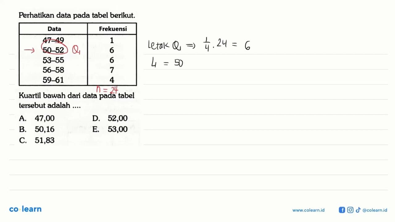 Perhatikan data pada tabel berikut. Data Frekuensi 47-49 1