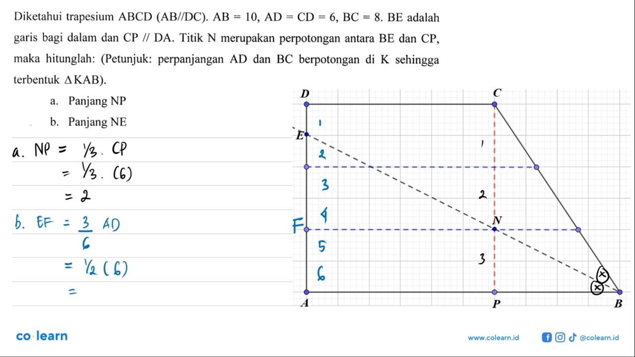 Diketahui trapesium ABCD(AB// D C) . AB=10, A D=C D=6, BC=8