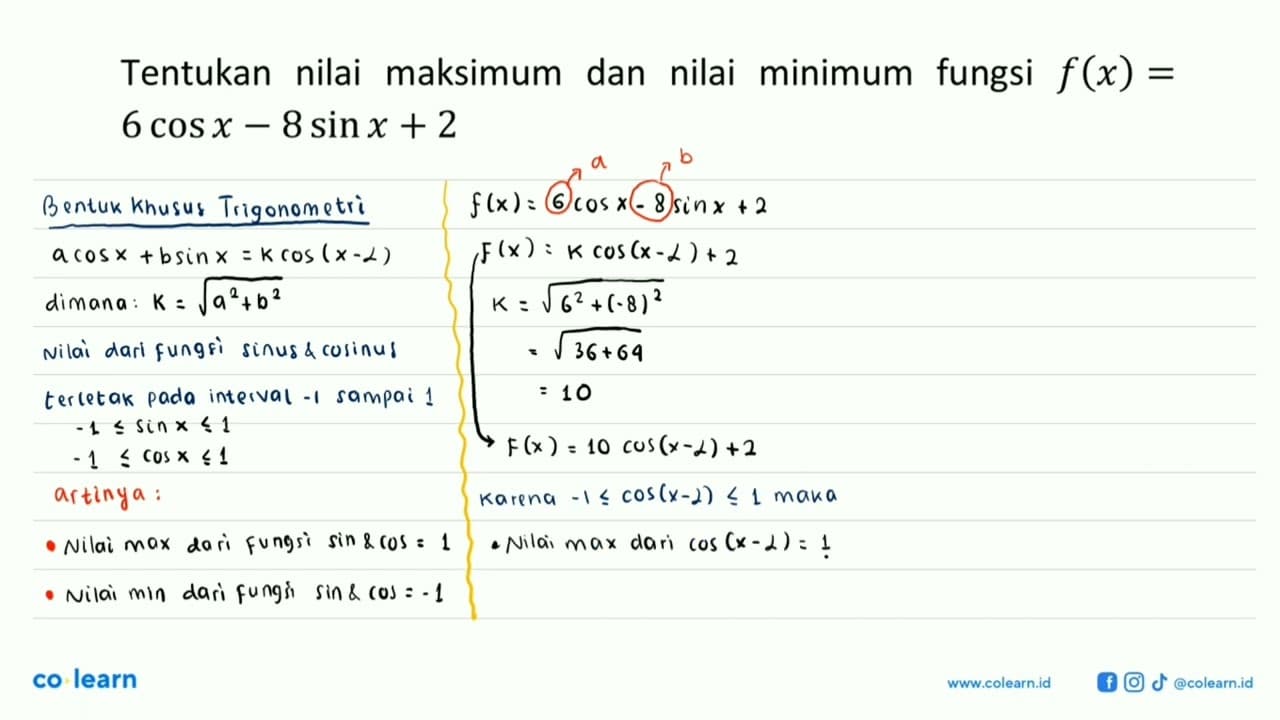 Tentukan nilai maksimum dan nilai minimum fungsi f(x)=6cos