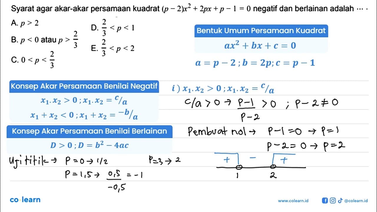 Syarat agar akar-akar persamaan kuadrat (p-2)x^2+2px+p-1=0