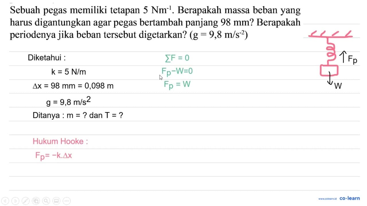 Sebuah pegas memiliki tetapan 5 Nm^(-1) . Berapakah massa