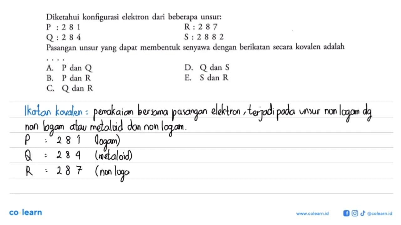 Diketahui konfigurasi elektron dari beberapa unsur P: 2 8 1