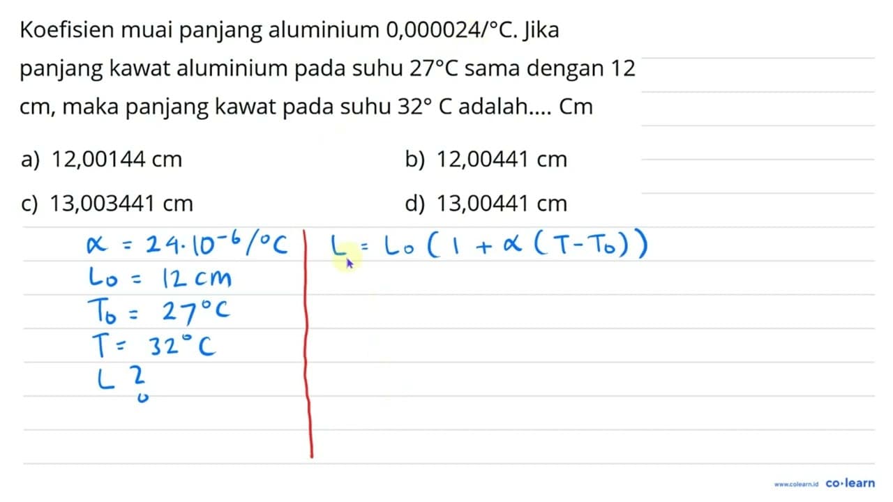 Koefisien muai panjang aluminium 0,000024/ { ) C . Jika