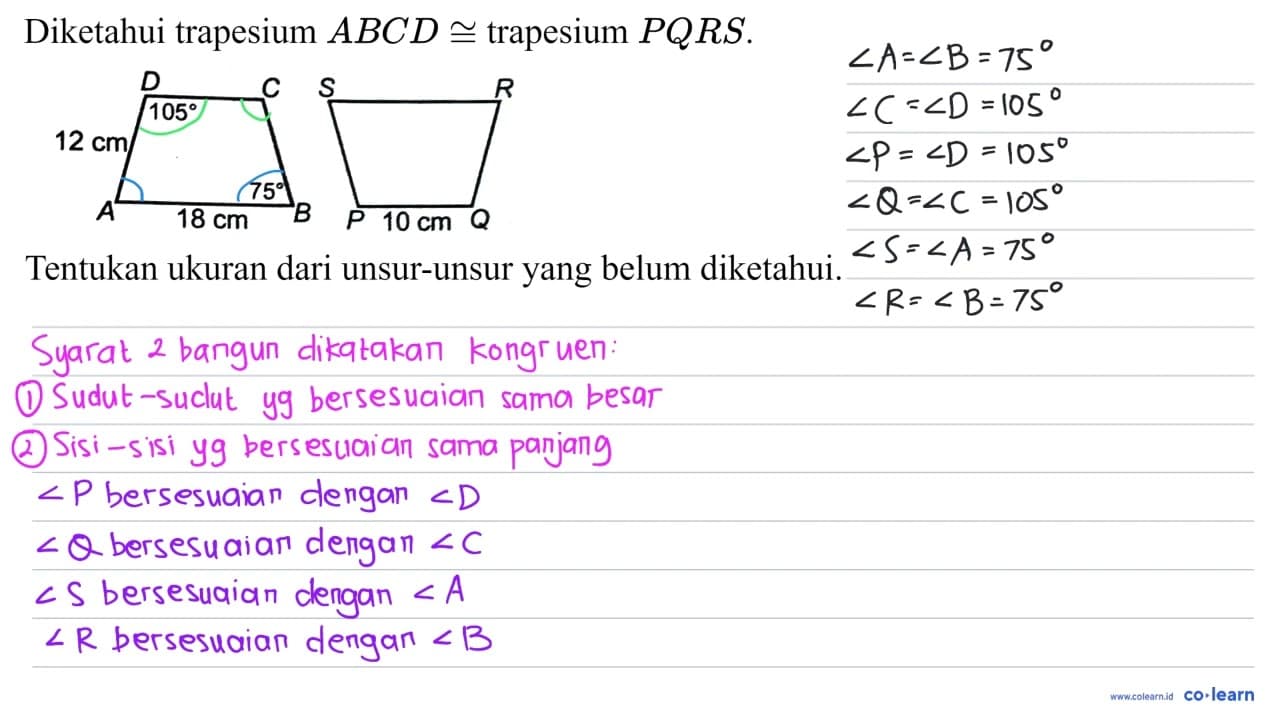 Diketahui trapesium A B C D kongruen trapesium P Q R S D C