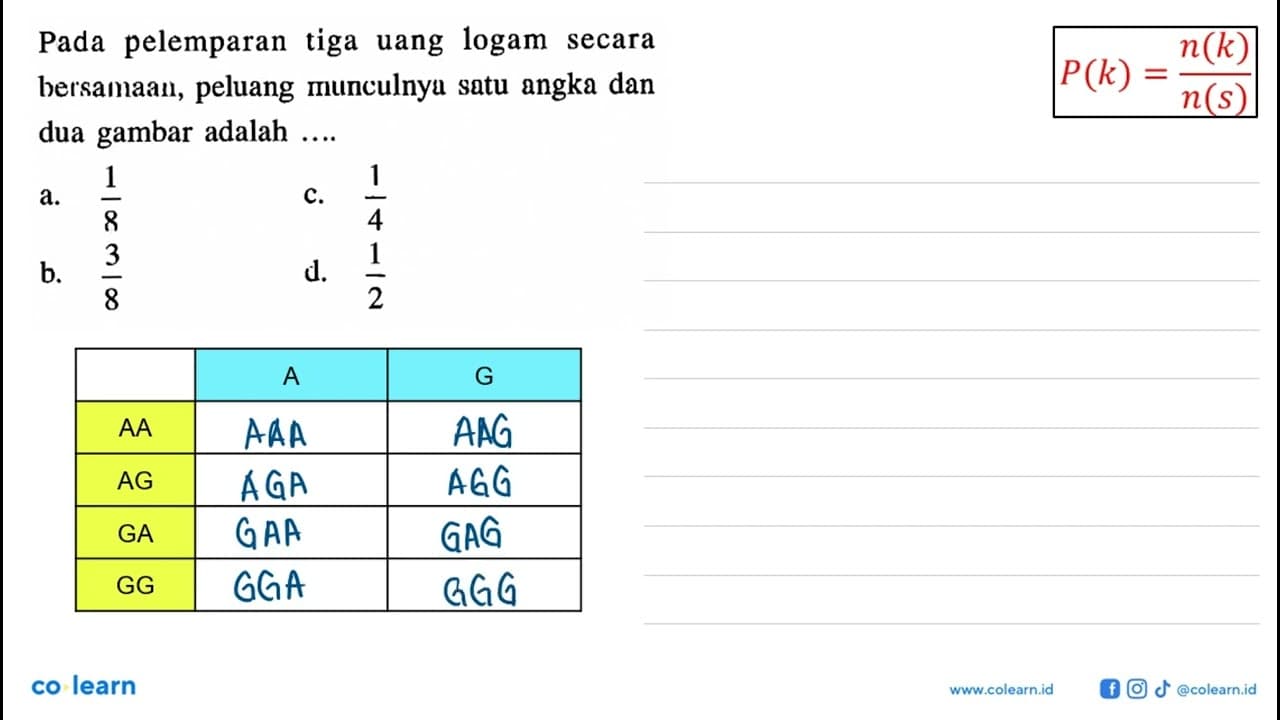 Pada pelemparan tiga uang logam secara bersamaan, peluang