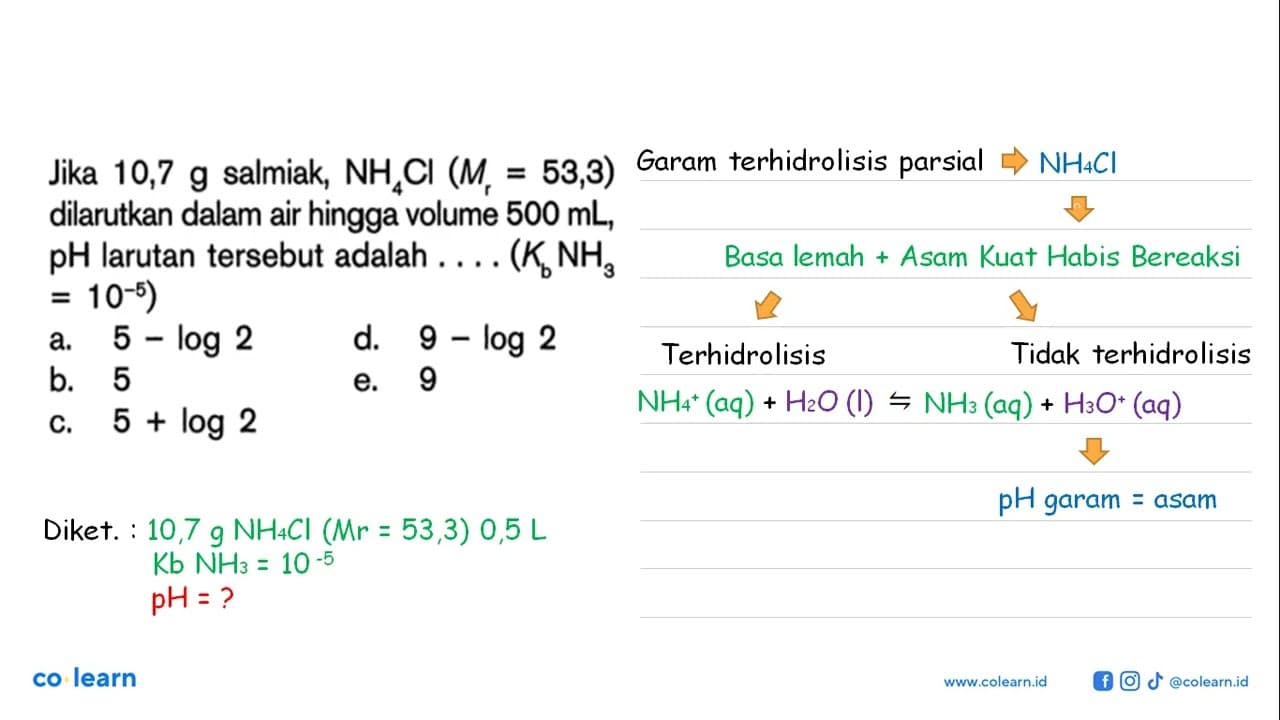 Jika 10,7 g salmiak, NH4Cl (Mr = 53,3) dilarutkan dalam air