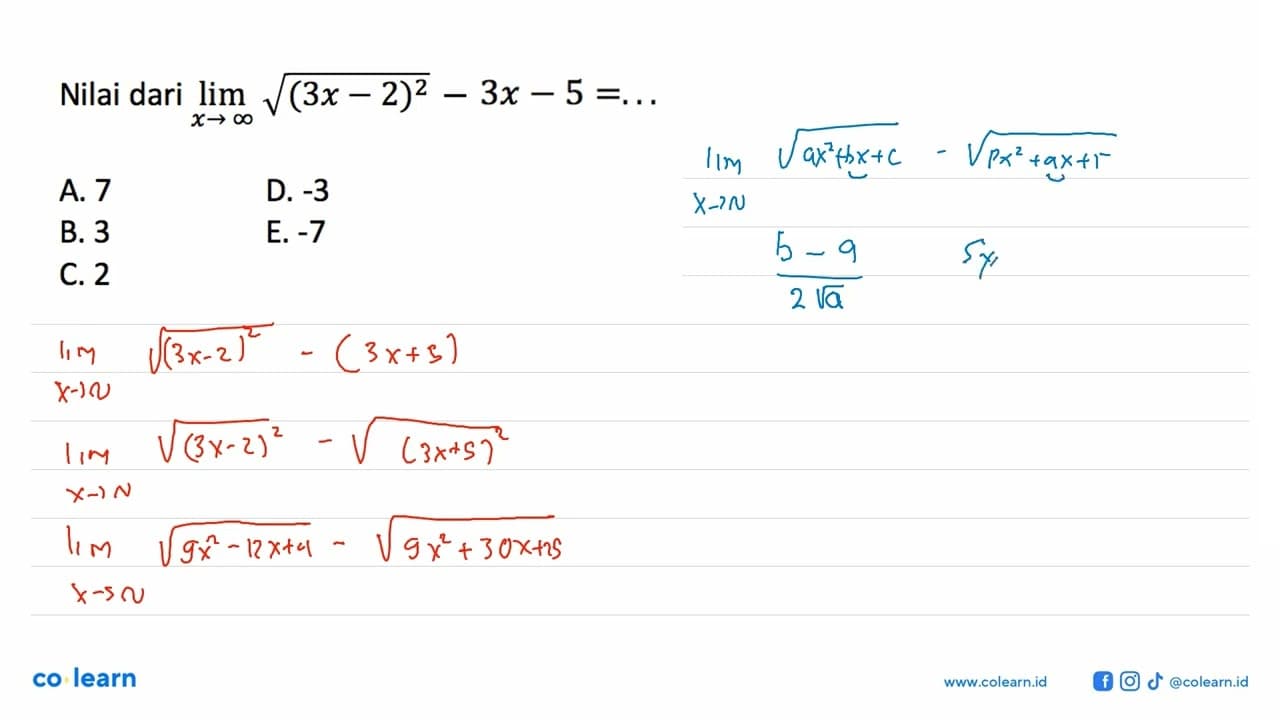 Nilai dari lim x->tak hingga akar((3 x-2)^2)3x-5=...