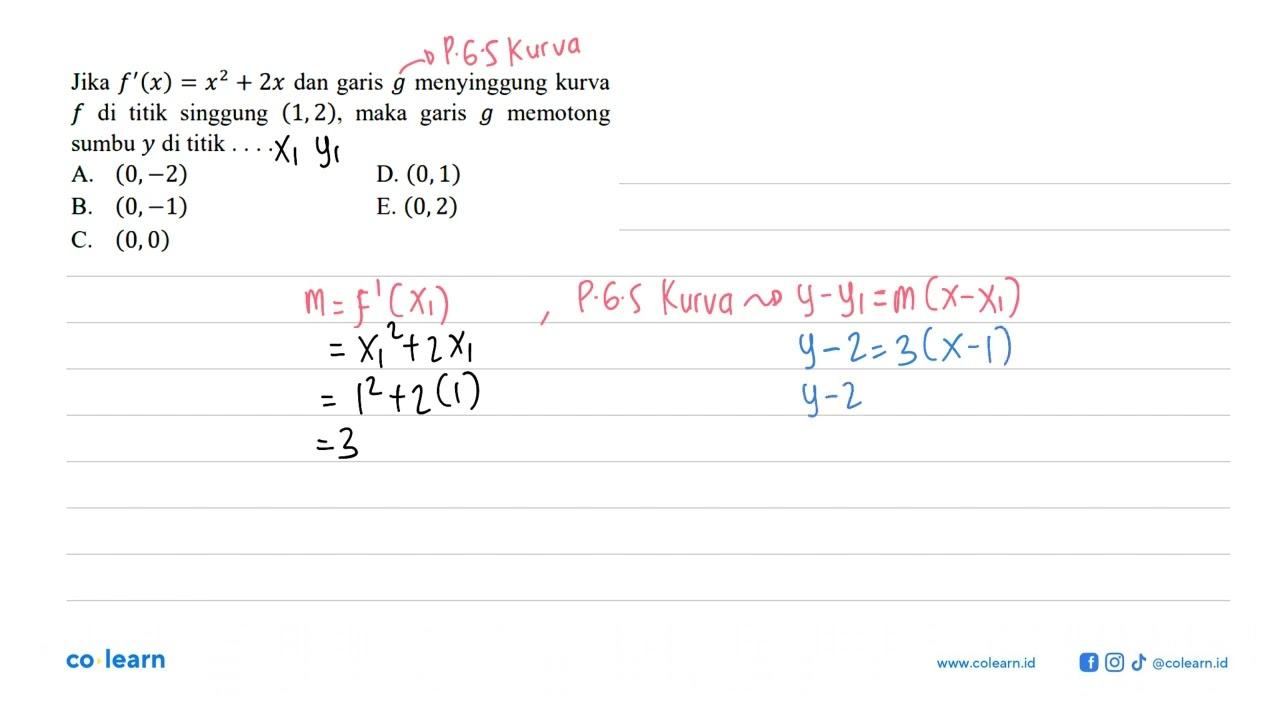 Jika f'(x)=x^2+2x dan garis g menyinggung kurva f di titik