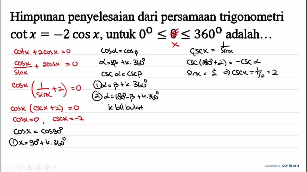 Himpunan penyelesaian dari persamaan trigonometri cot x=-2