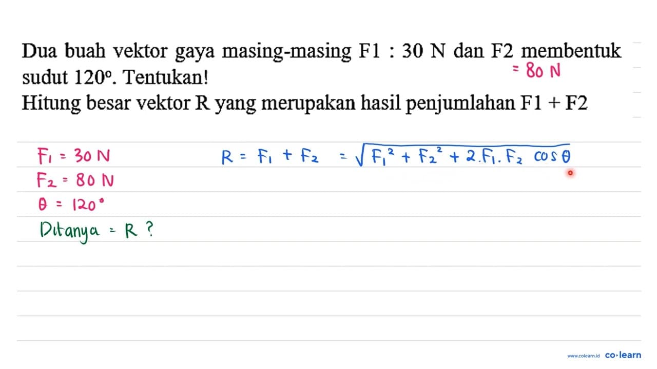 Dua buah vektor gaya masing-masing F 1: 30 ~N dan F 2