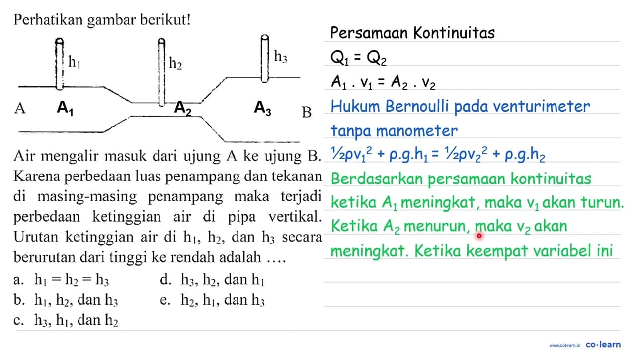 Perhatikan gambar berikut! Air mengalir masuk dari ujung A