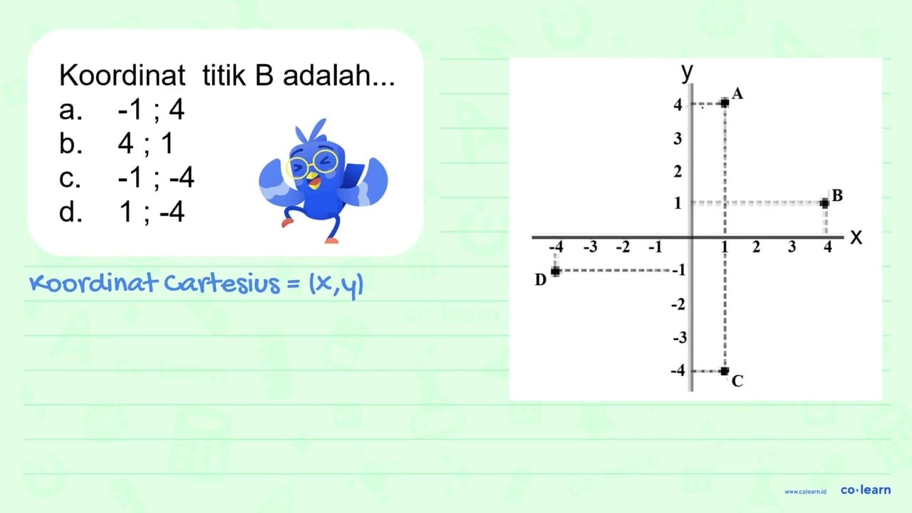 Koordinat titik B adalah... a. -1 ; 4 b. 4 ; 1 c. -1 ; -4