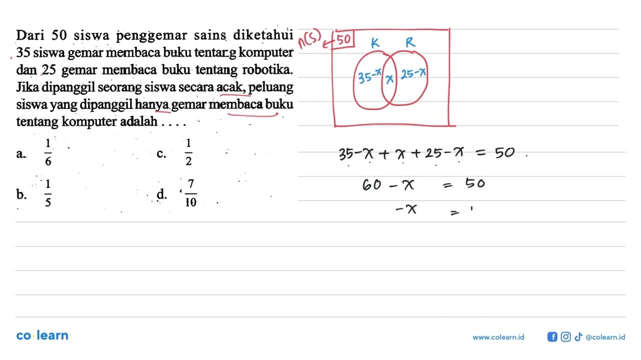 Dari 50 siswa penggemar sains diketahui 35 siswa gemar