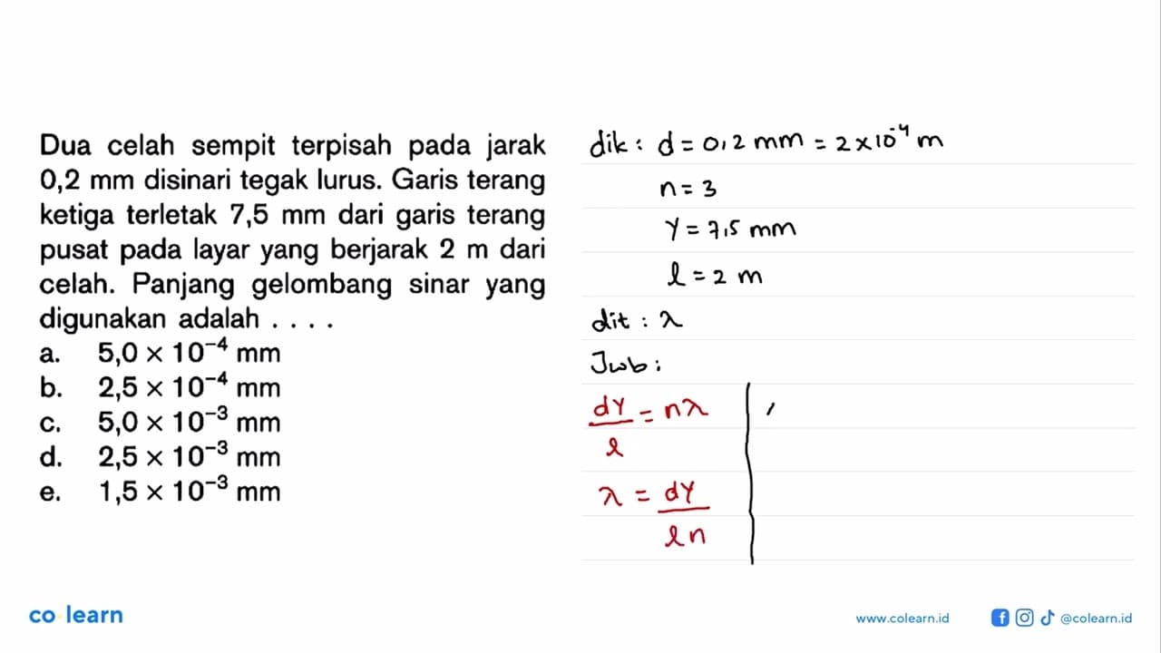 Dua celah sempit terpisah pada jarak 0,2 mm disinari tegak