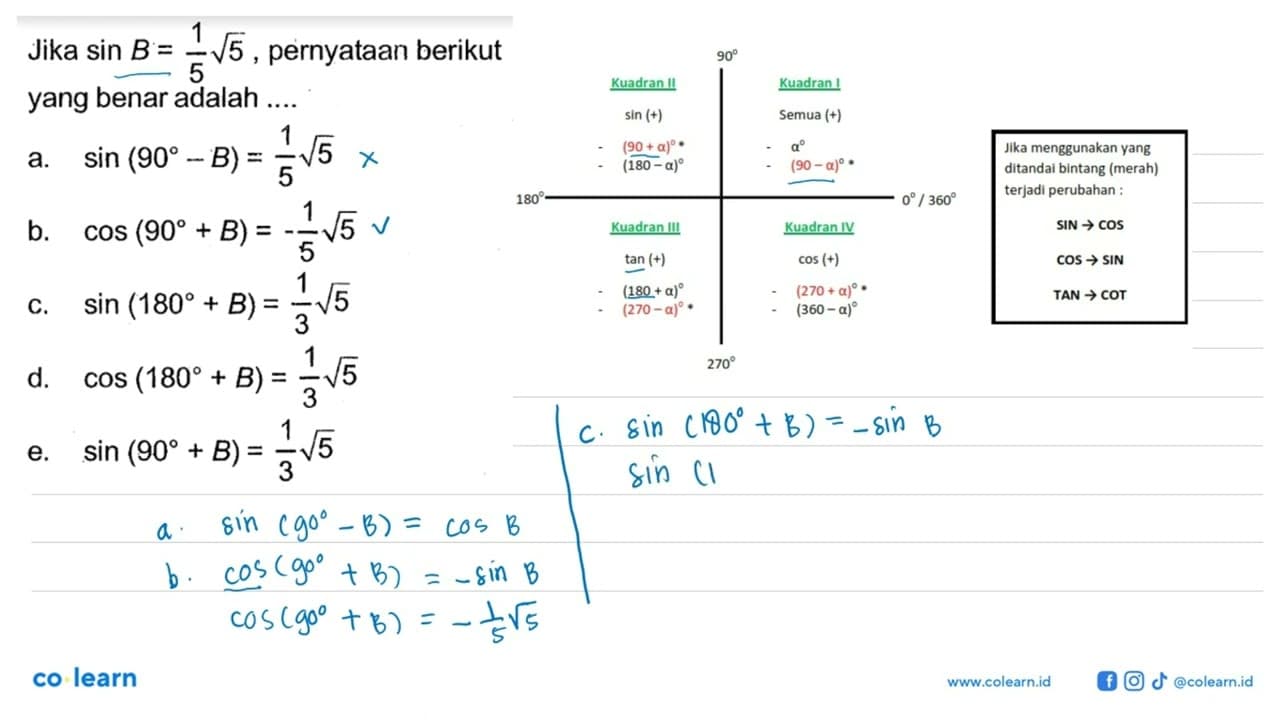 Jika sin B=1/5 akar(5), pernyataan berikut yang benar