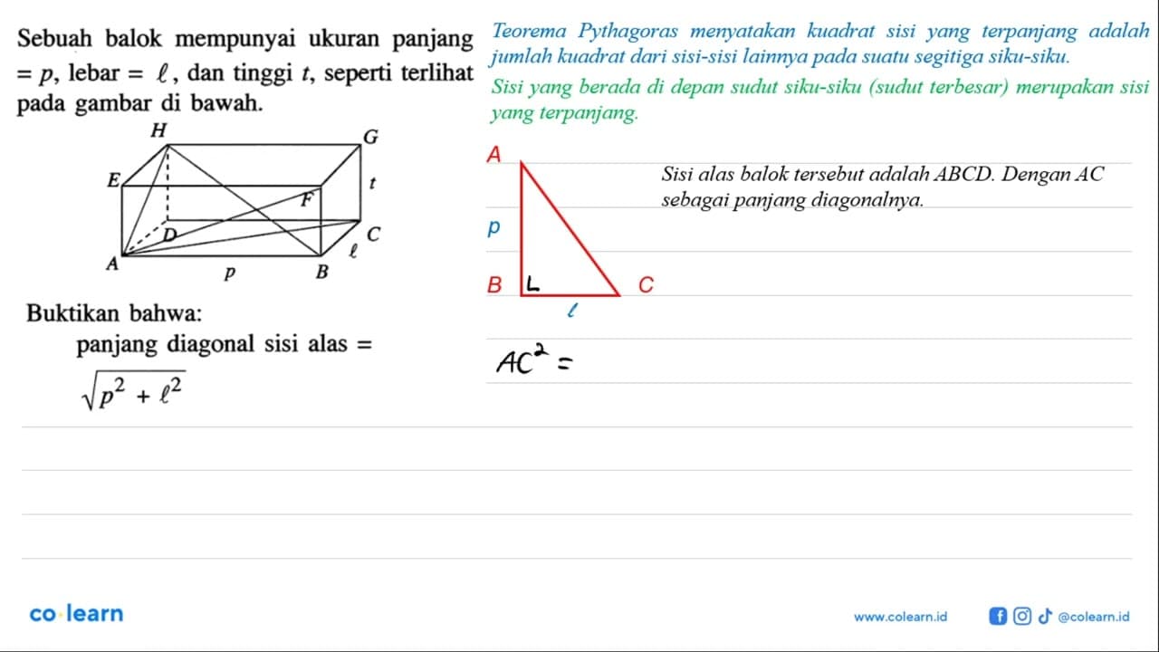 Sebuah balok mempunyai ukuran panjang=p, lebar=l, dan