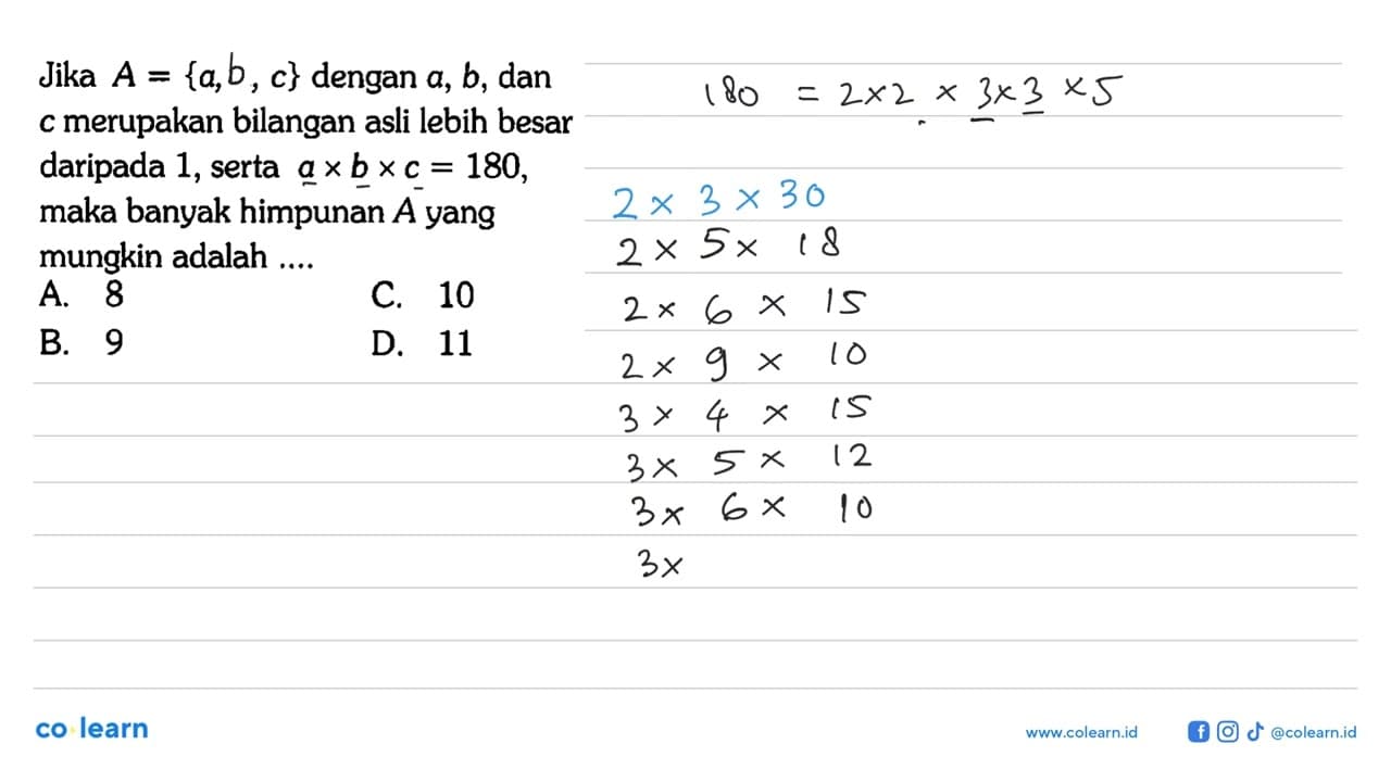 Jika A{a, d, c} dengan a, b dan c merupakan bilangan asli