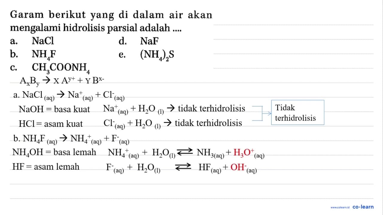 Garam berikut yang di dalam air akan mengalami hidrolisis