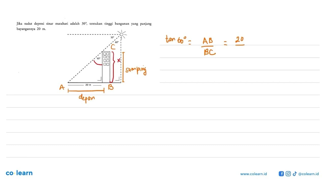 Jika sudut depresi sinar matahari adalah 30, tentukan