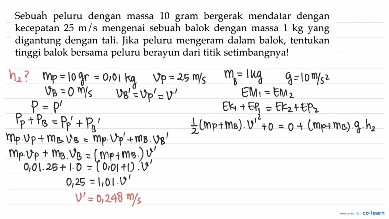 Sebuah peluru dengan massa 10 gram bergerak mendatar dengan