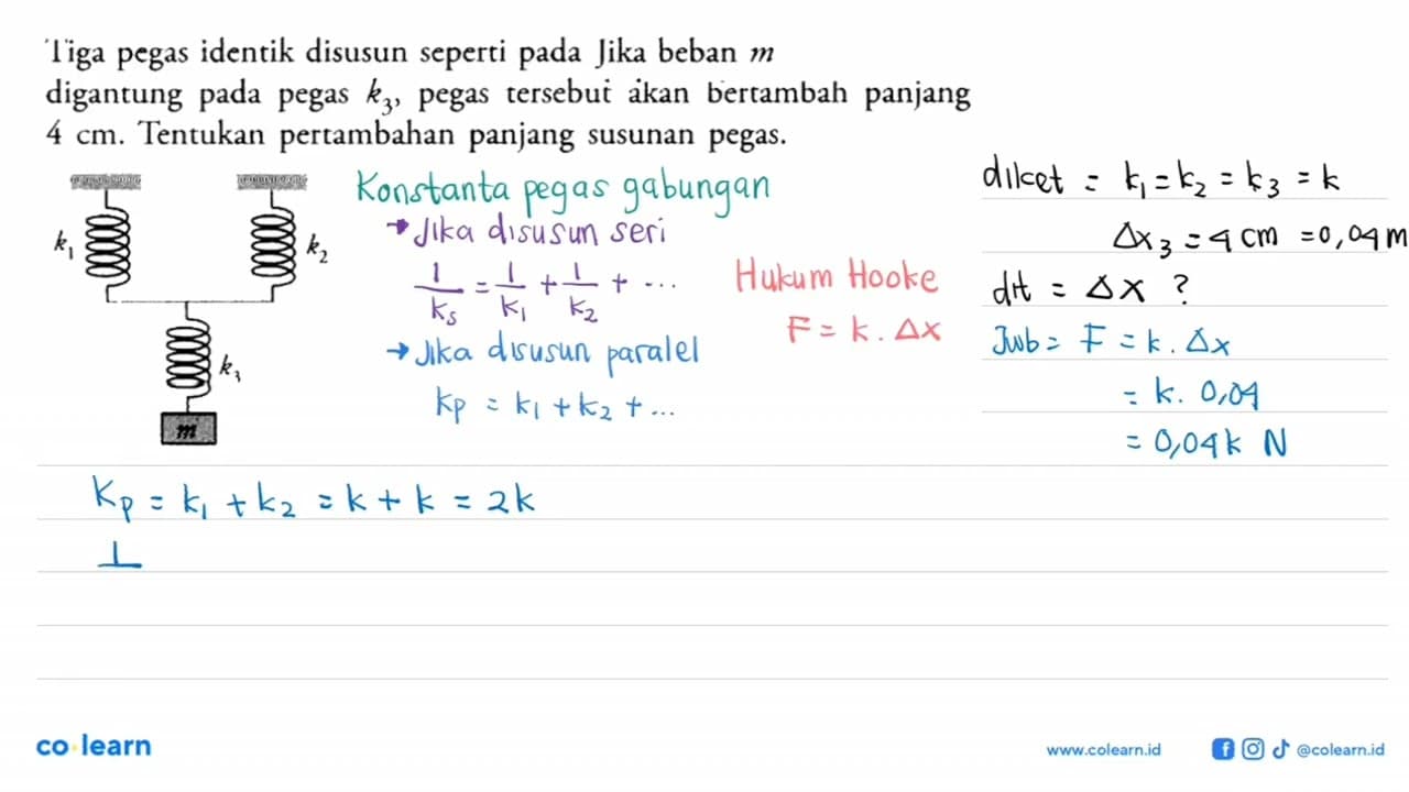 Tiga pegas identik disusun seperti pada Jika beban m