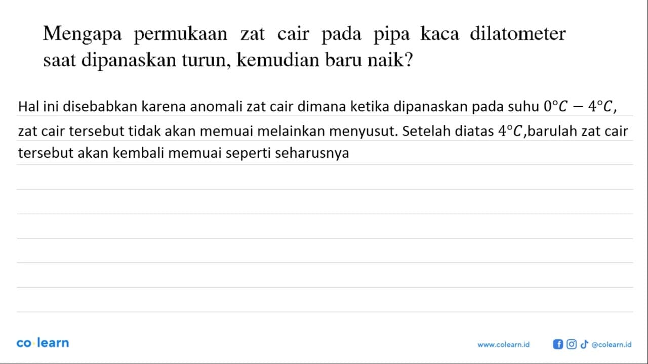 Mengapa permukaan zat cair pada pipa kaca dilatometer saat