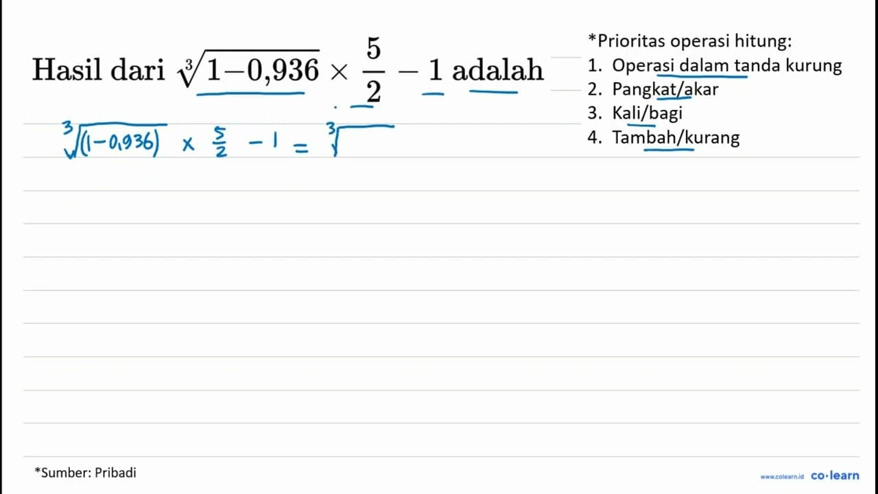 Hasil dari sqrt[3]{1-0,936) x (5)/(2)-1 adalah