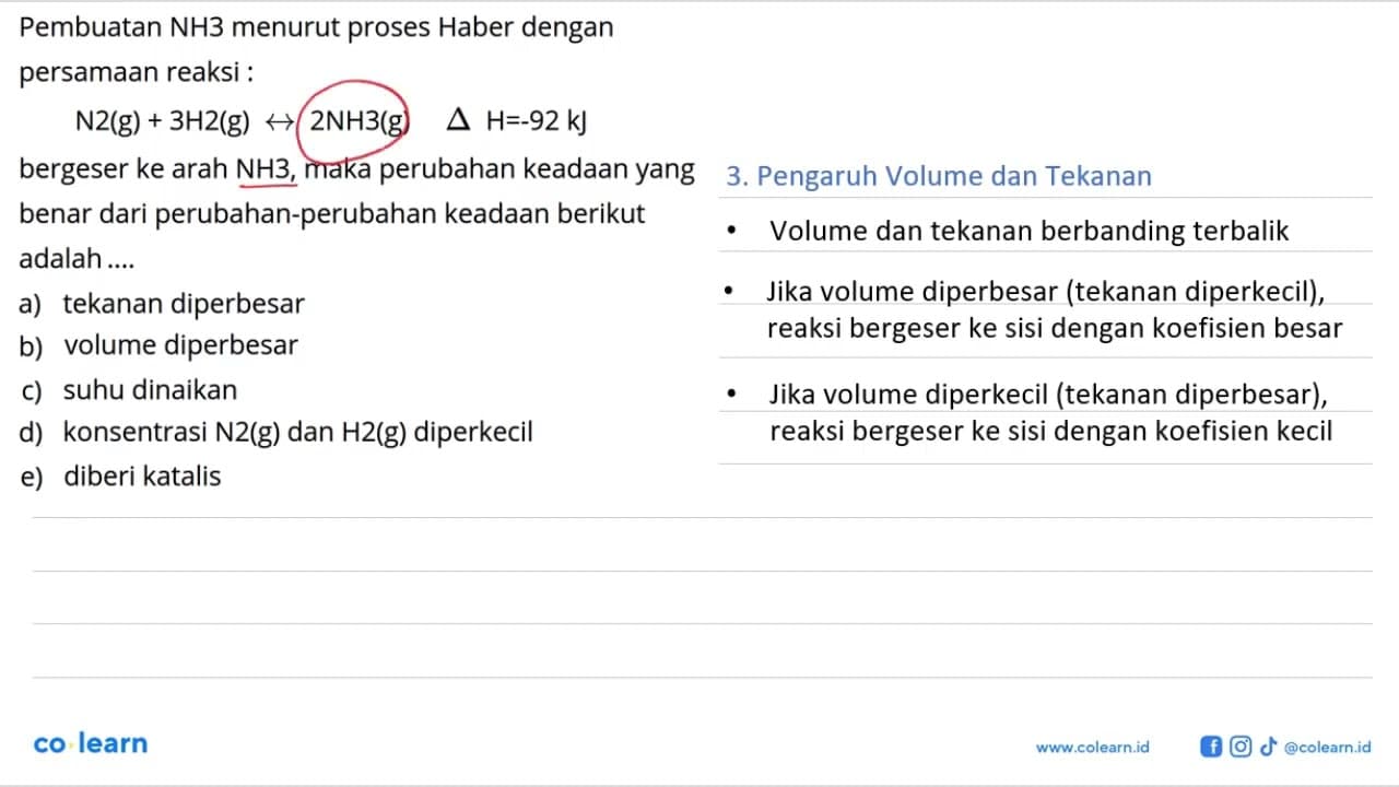 Pembuatan NH3 menurut proses Haber dengan persamaan reaksi: