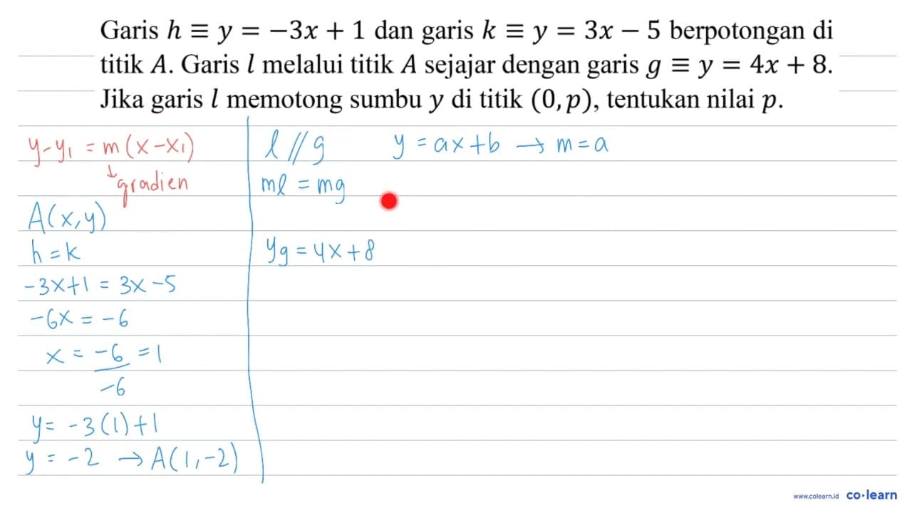 Garis h ekuivalen y=-3 x+1 dan garis k ekuivalen y=3 x-5