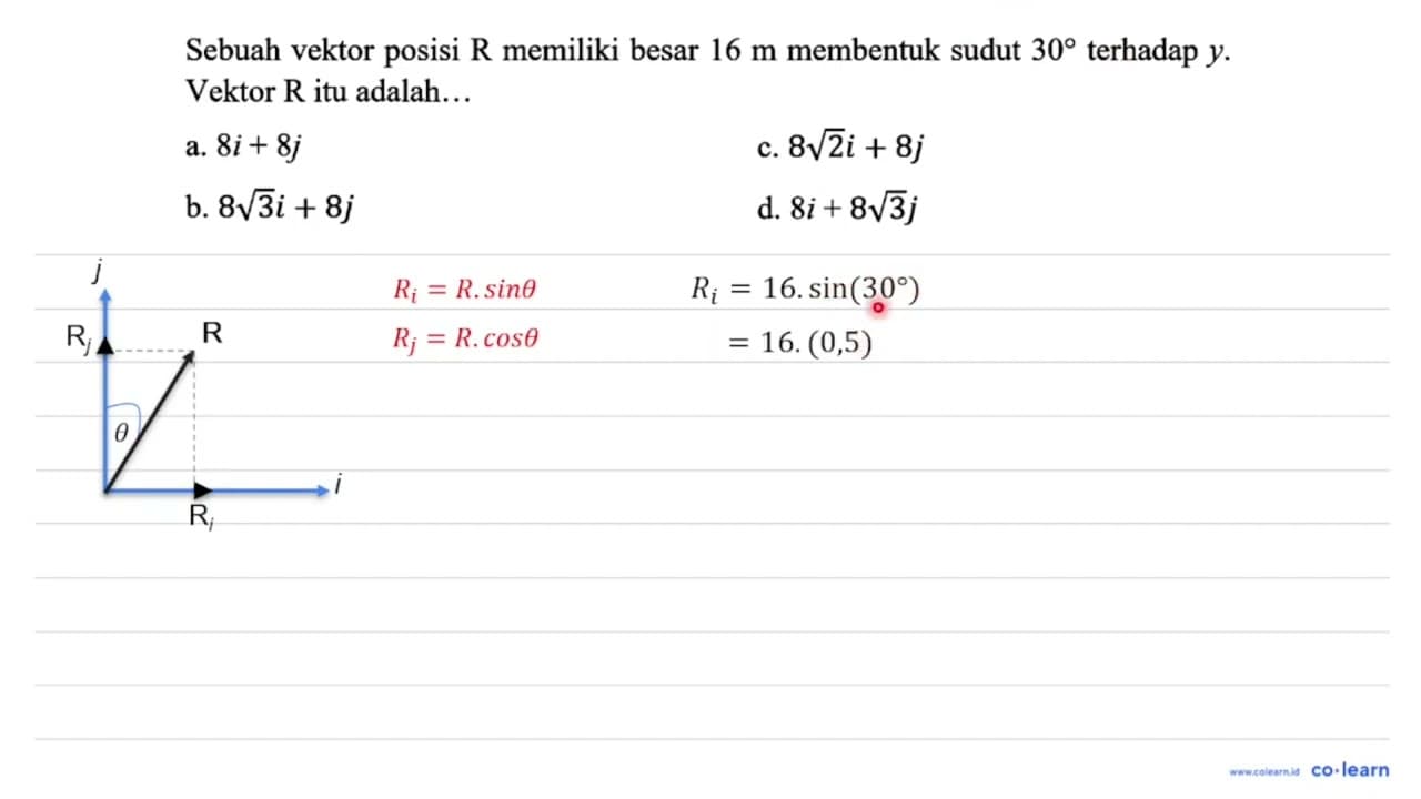 Sebuah vektor posisi R memiliki besar 16 m membentuk sudut