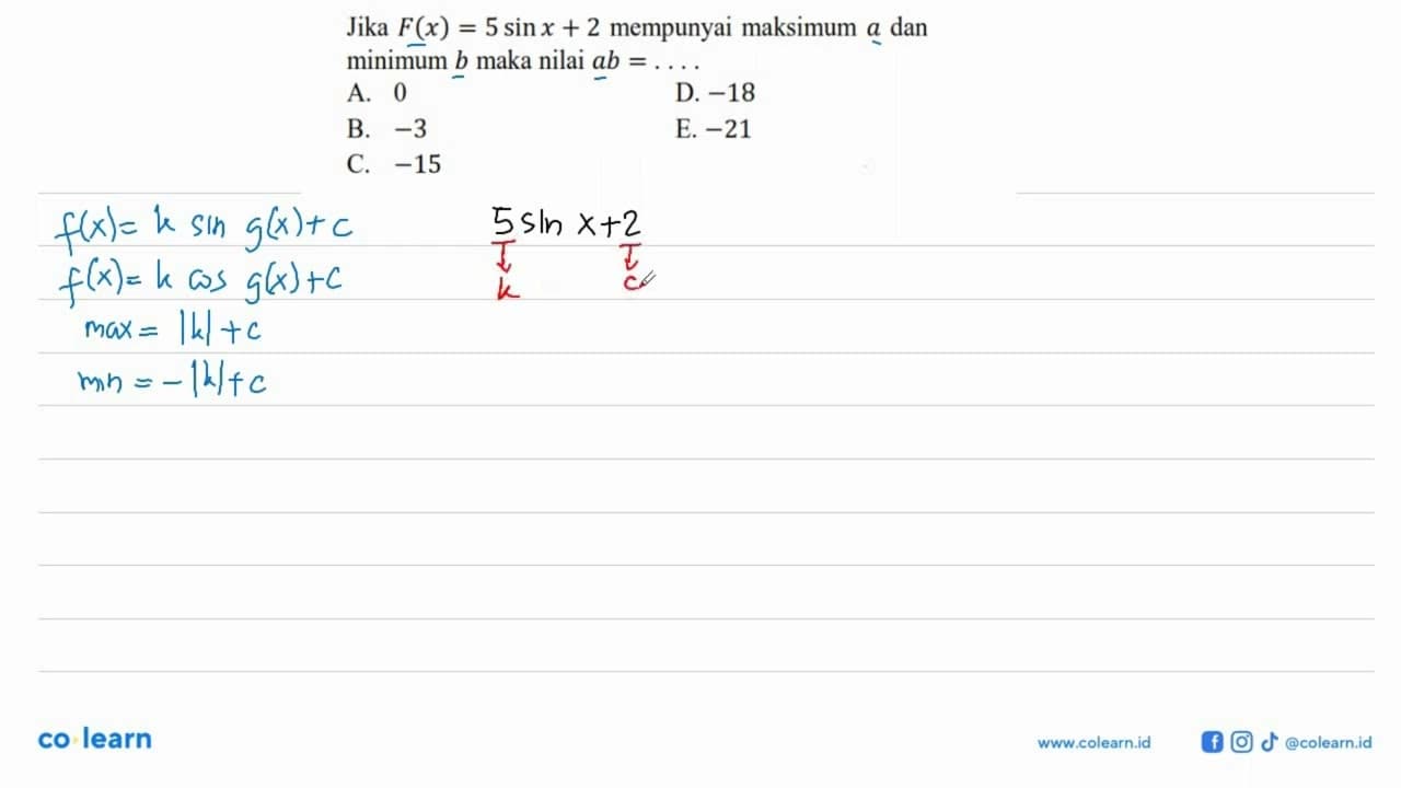 Jika F(x)=5sin x+2 mempunyai maksimum a dan minimum b maka
