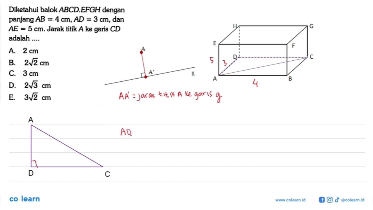 Diketahui balok ABCD. EFGH dengan panjang AB=4 cm, AD=3 cm,