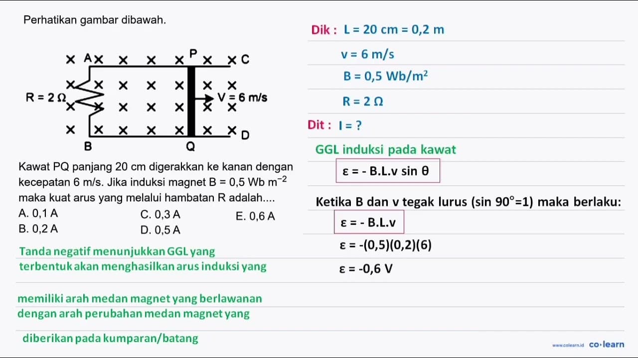 Perhatikan gambar dibawah.Kawat PQ panjang 20 cm digerakkan