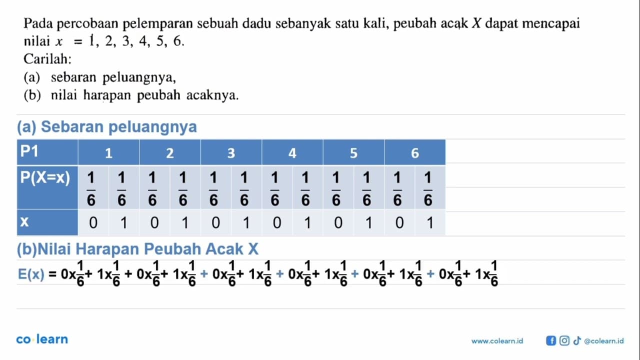 Pada percobaan pelemparan sebuah dadu sebanyak satu kali,