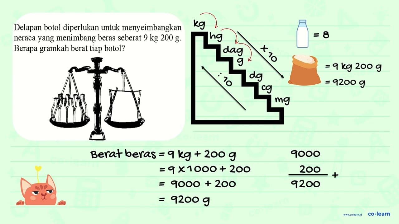 Delapan botol diperlukan untuk menyeimbangkan neraca yang