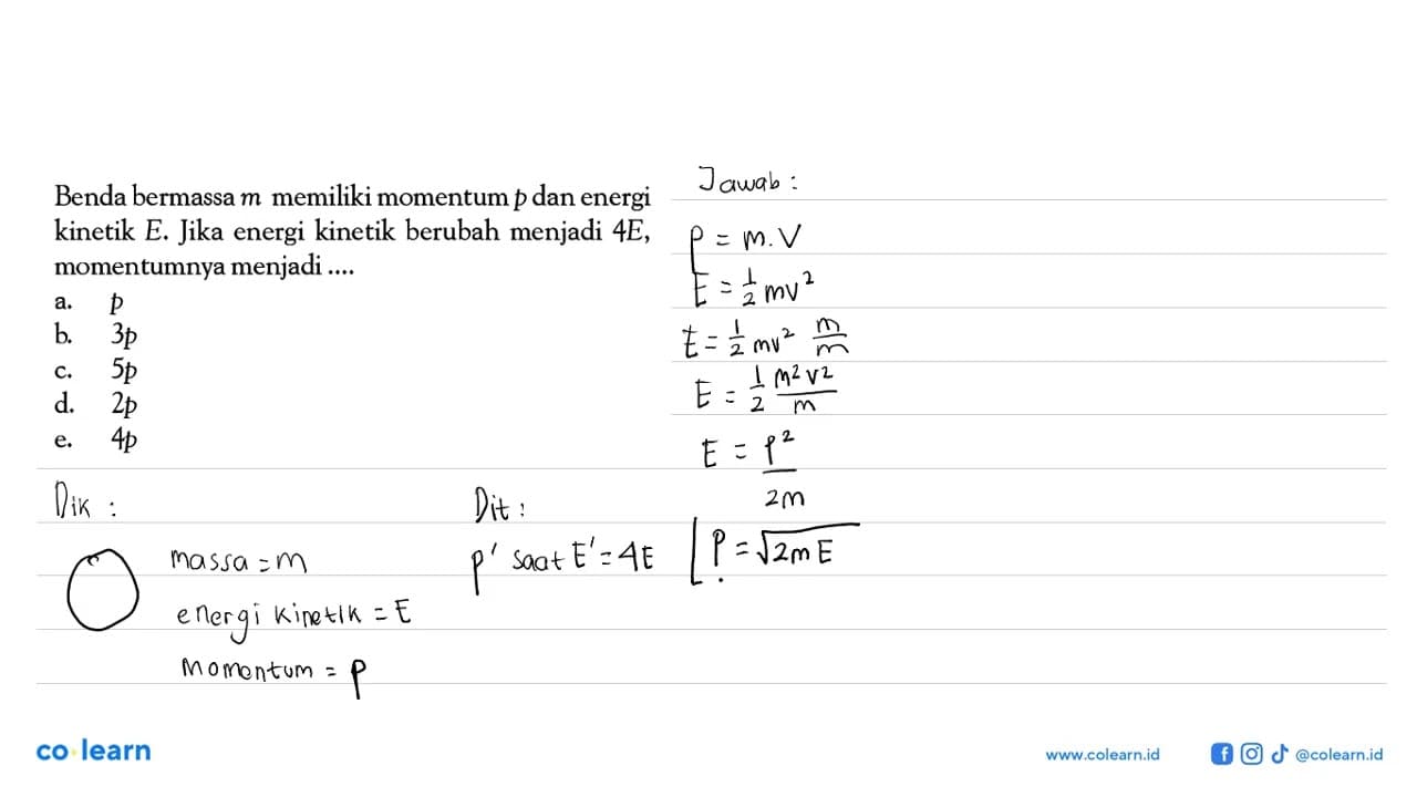 Benda bermassa m memiliki momentum p dan energi kinetik E.