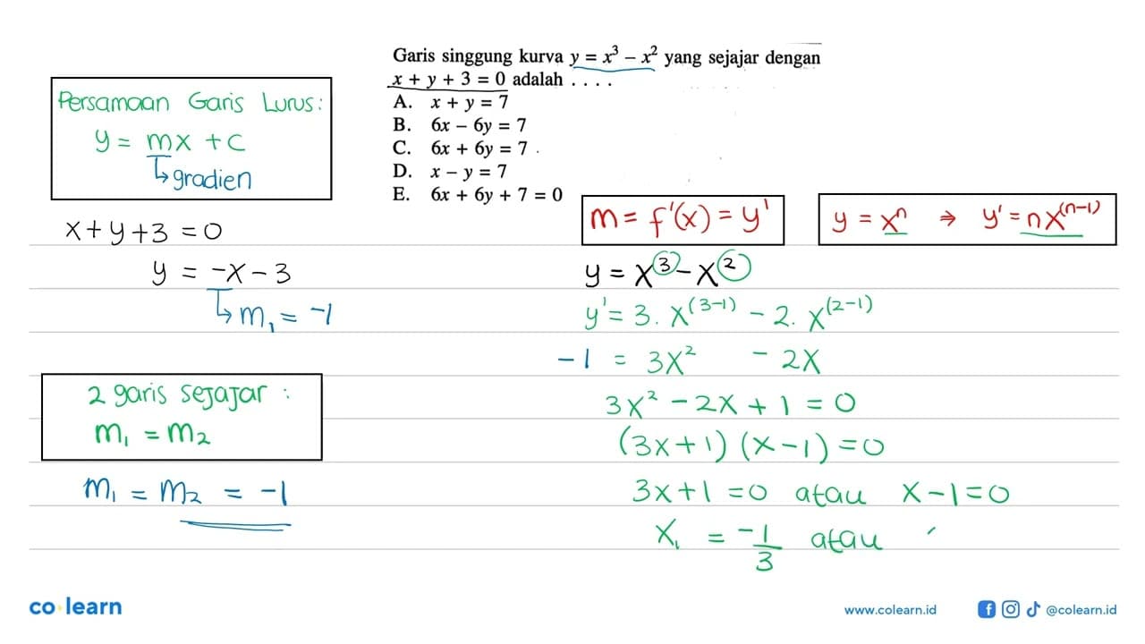 Garis singgung kurva y=x^3-x^2 yang sejajar dengan x+y+3=0