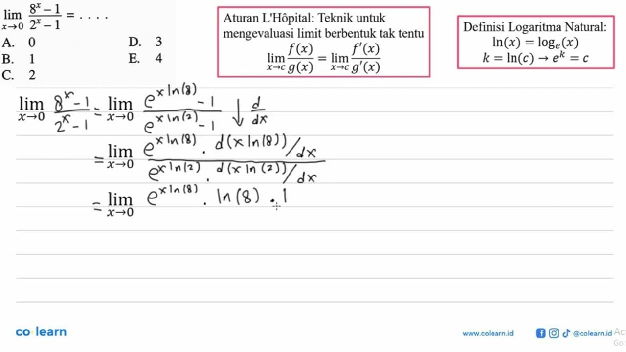 limit x ->0 (8^x-1)/(2^x-1)=....