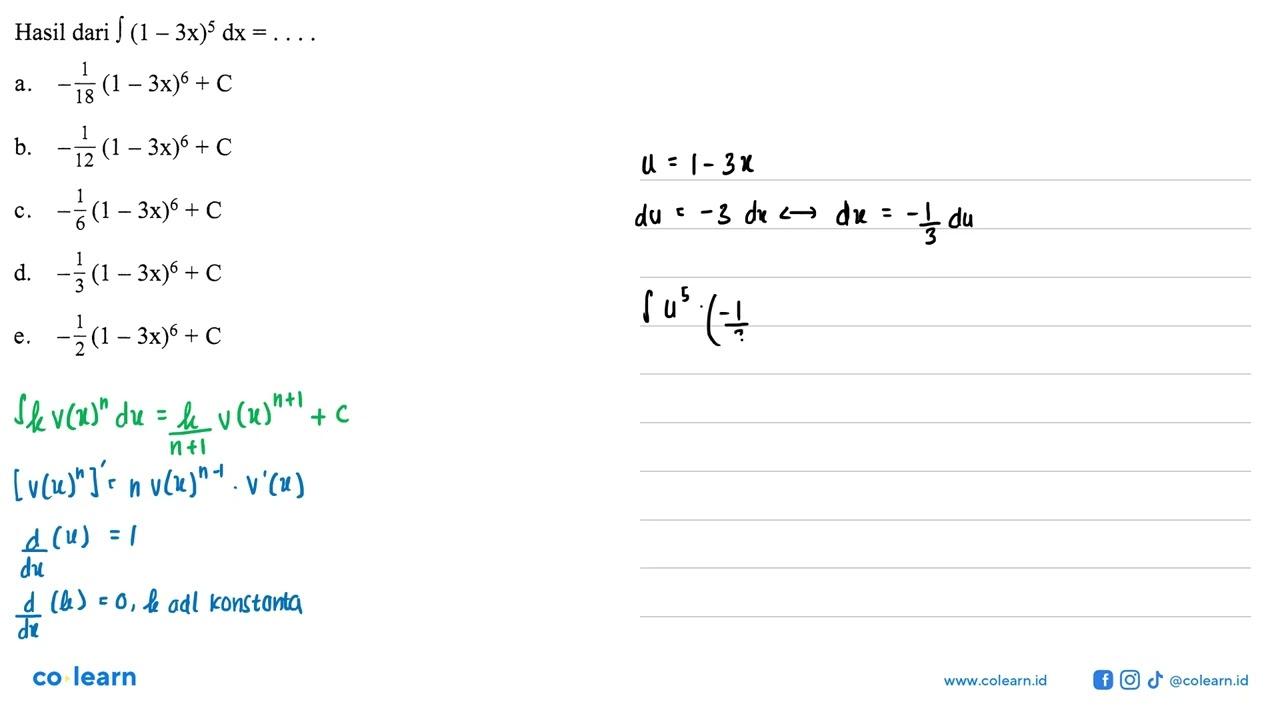 Hasil dari integral (1-3x)^5 dx=....