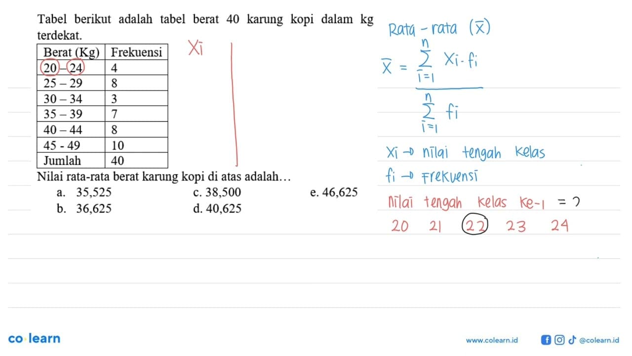 Tabel berikut adalah tabel berat 40 karung kopi dalam kg