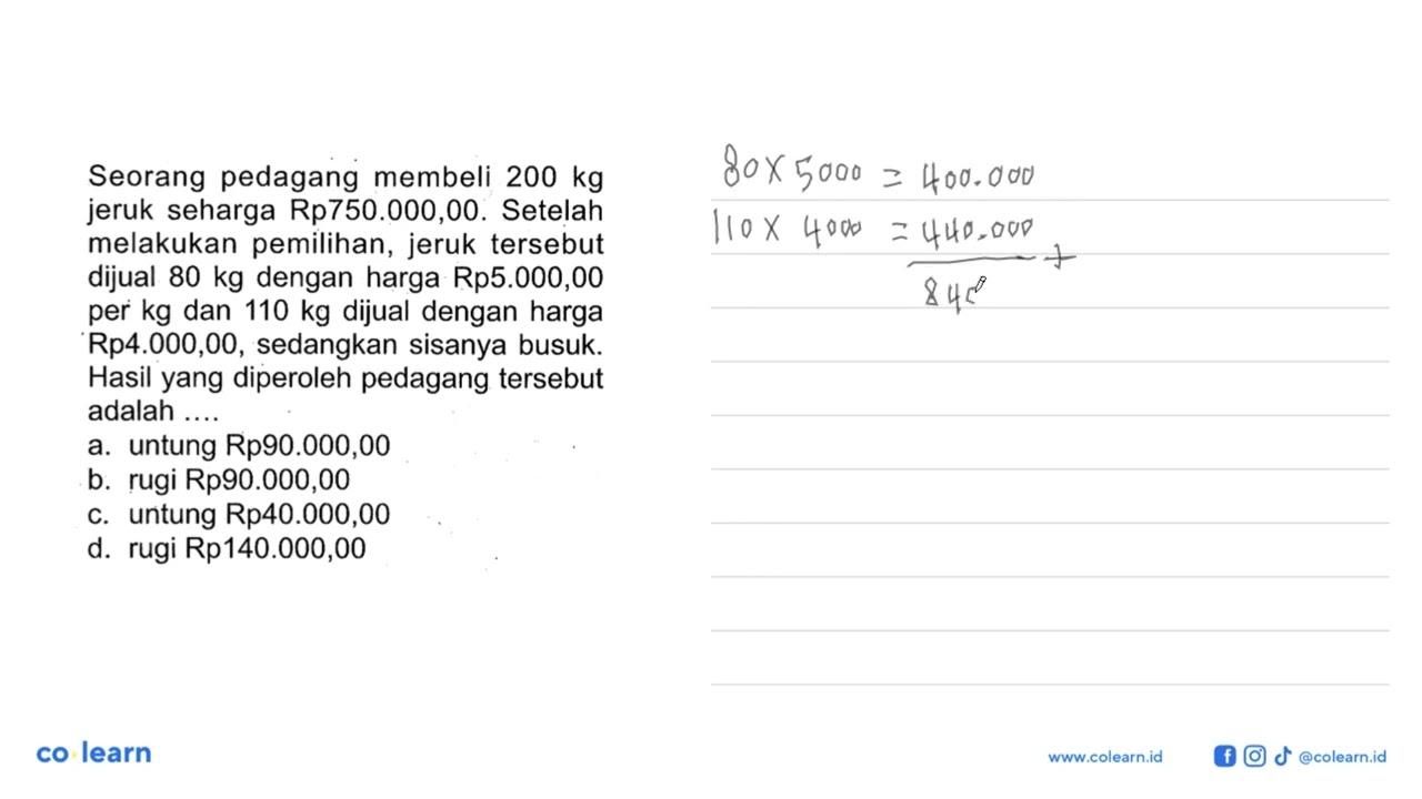 Seorang pedagang membeli 200 kg jeruk seharga Rp750.000,00.