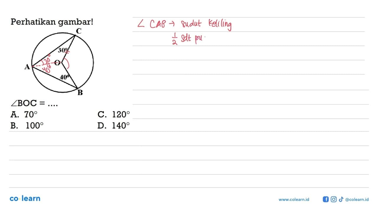 Perhatikan gambar! ACO 30 ABO 40sudut BOC=...A. 70 C. 120