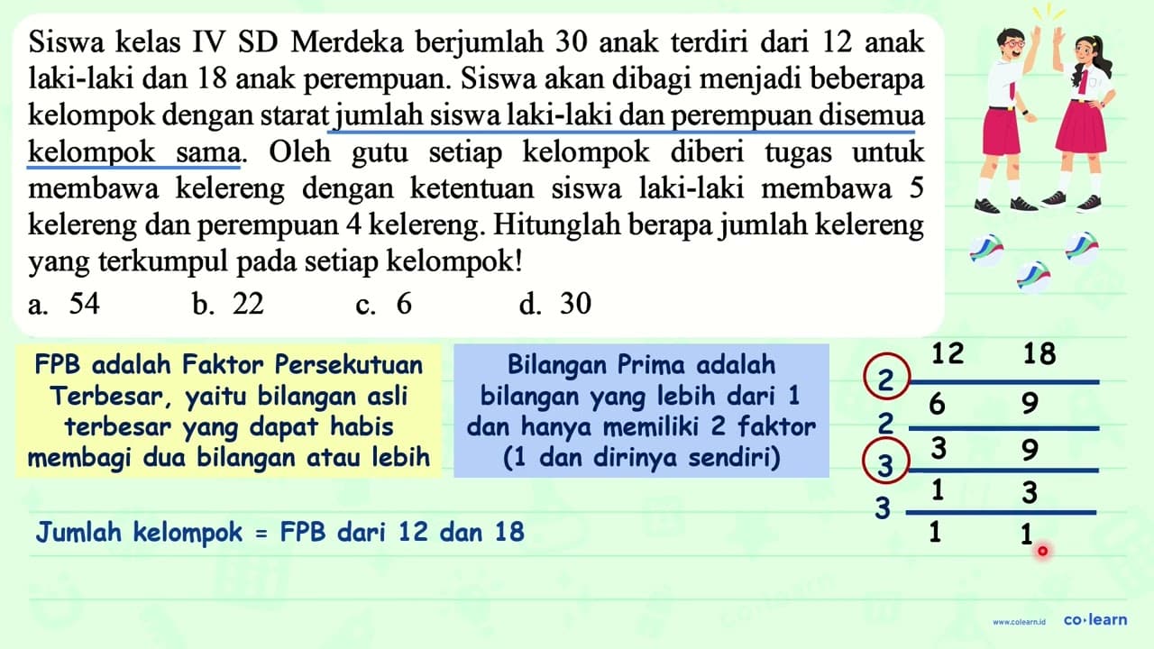 Siswa kelas IV SD Merdeka berjumlah 30 anak terdiri dari 12