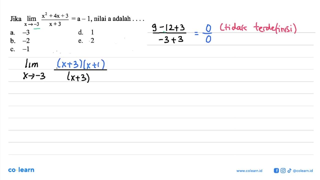 Jika lim x ->-3 x^2+4 x+3/x+3=a-1 , nilai a adalah....