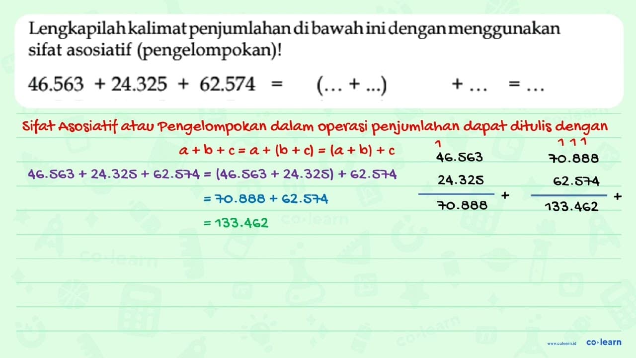 46.563 + 24.325 + 62.574 = ( ... + ... ) + ... = ...