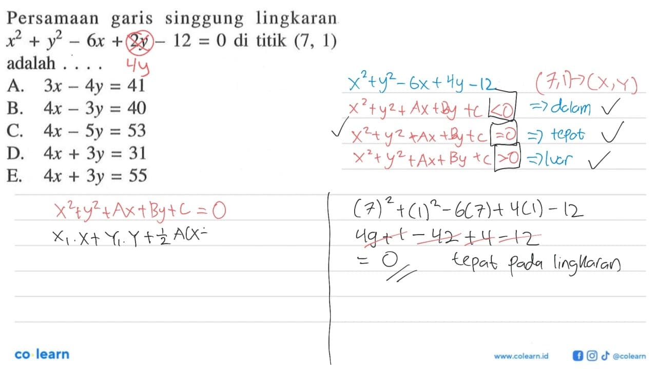 Persamaan garis singgung lingkaran x^2+y^2-6x+2y-12=0 di