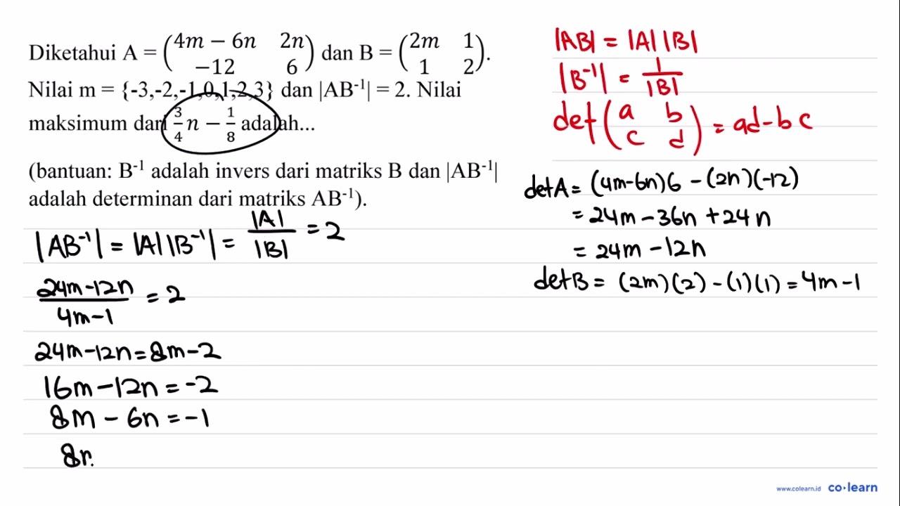 Diketahui A=(4 m-6 n 2 n -12 6) dan B=(2 m 1 1 2) .