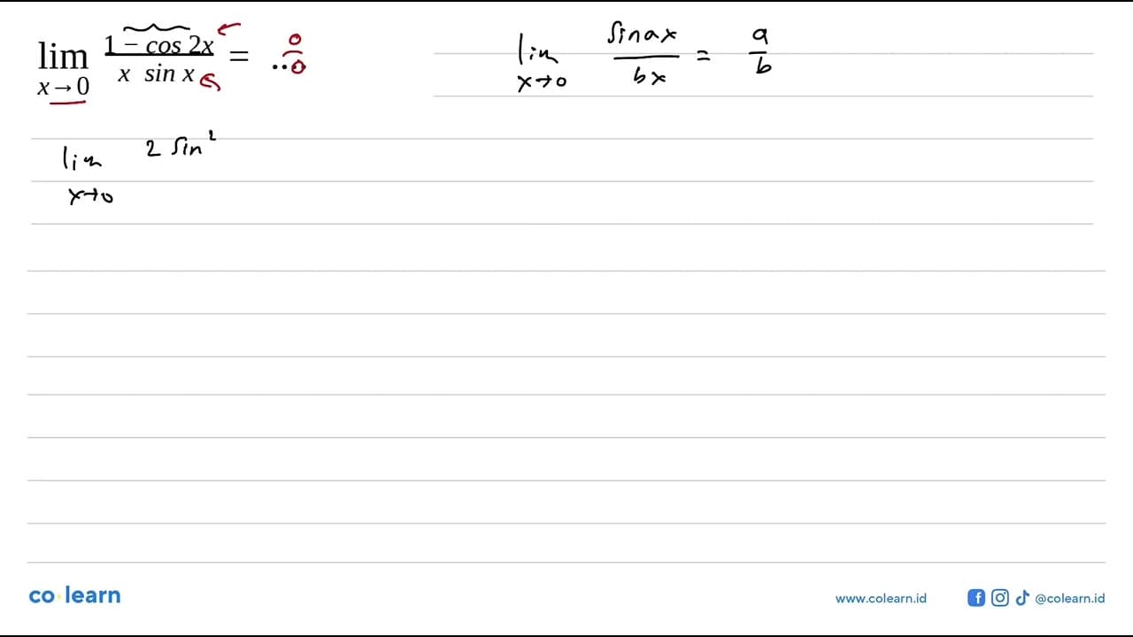 lim x->0 (1-cos2x)/(xsinx) = ....